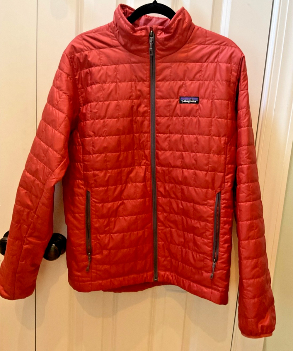 Patagonia Nano Puff Jacket Mens Medium M Orange Red Camo Leaf Lining Insulated